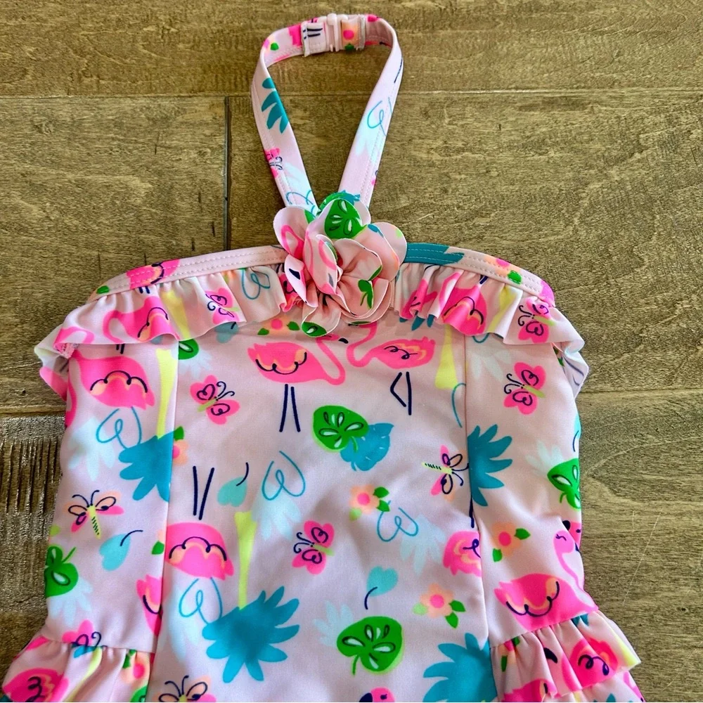 Gymboree Toddler Girls Flamingo Tropical Ruffle One Piece Swimsuit Pink 18-24 M